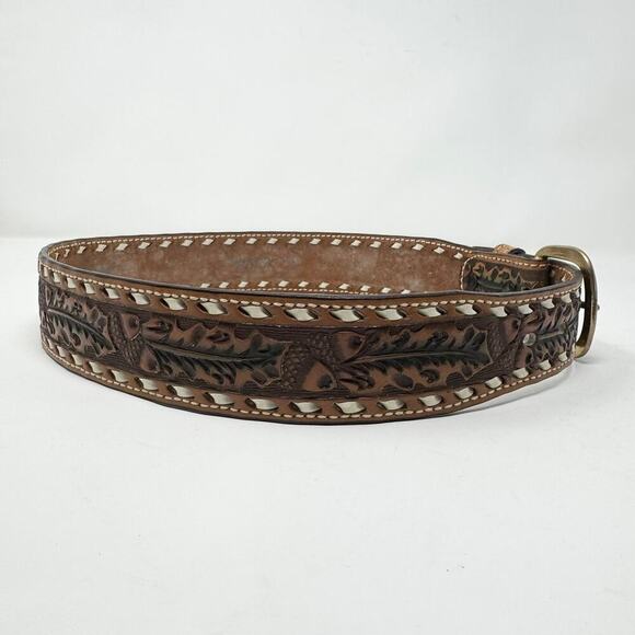 Tory Full Grain Cowhide Brown Leather Tooled Acorn Oak Leaf Laced Belt Size 30 - Picture 2 of 12